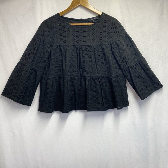 Madewell Eyelet Tiered Button Back Cropped Top Women XXS Black 3/4 Bell Sleeve - Picture 1 of 13